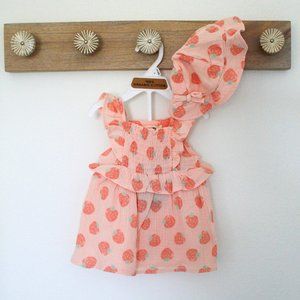 Rabbit and bear girl organic cotton strawberry ruffle dress set